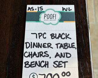 7pc Black Dinner Table Chairs, and Bench Set