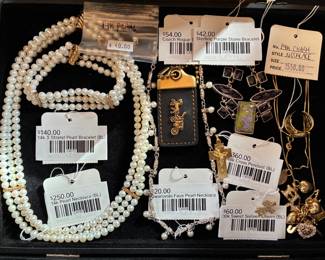 14k 3-Strand Pearl Bracelet(BL), 14k Pearl Necklace (BL), Swarovski Faux Pearl Necklace, 18k Cross Pendant (BL), 10k Sweet Sixteen Charm (BL), Sterling Purple Stone Bracelet