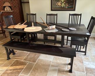 7pc Black Dinner Table Chairs, and Bench Set