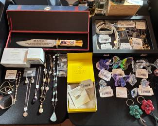 14k 3-Strand Pearl Bracelet(BL), 14k Pearl Necklace (BL), Swarovski Faux Pearl Necklace, 18k Cross Pendant (BL), 10k Sweet Sixteen Charm (BL), Sterling Purple Stone Bracelet