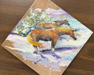 151 HorsesinWinterStormOriginalPaintingonTilebyPatDenney