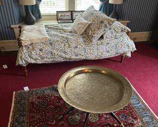One of many sets of bedding, nice Youth Bed. Vintage Brass Tray Table with Stand