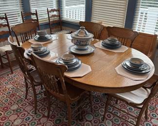 Oak Dining Table with Chairs, MA Hadley dinnerware