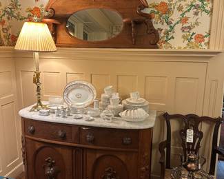 Walnut Sideboard with Marble Top and Hutch above