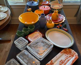 Hazel Atlas refrigerator boxes, Venice Clay vases, Juliska platters, Arabia Crowned