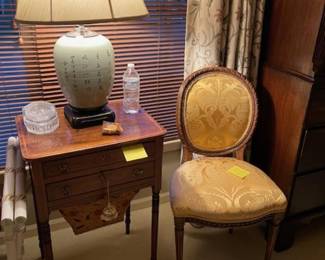 Antique sewing table, one of set of two chairs