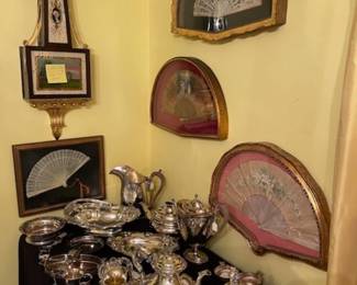 SAntique silverplate and framed antique fans