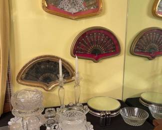 Framed fans, Waterford crystal, Val St Lamnert, other crystal