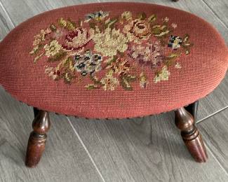 105f. Antique Stool w/ Needlepoint