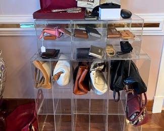 Designer purses, Gorham sterling vanity set, Burberry scarf