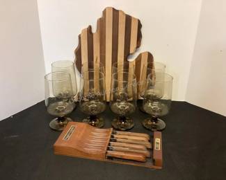 MCM stemware, knives & Michigan cutting board