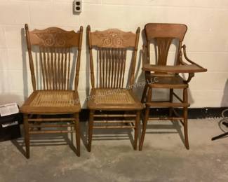Cane seat dining chairs, cane seat high chair