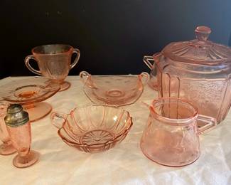 Vintage Pink Depression Glass Collection Includes Cookie Jar,Creamer, Sugar Bowl, Serving Dish,More