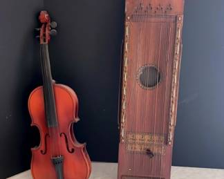 Vintage Violin with Two Bows Antique Ukelin Harp Early 1900s String Instrument Set