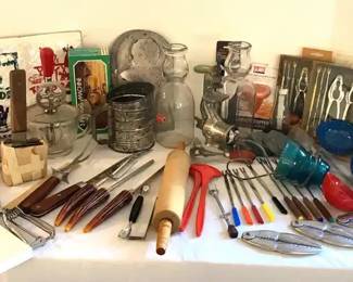 Vintage Kitchen Misc. Sifters, Ladles, Beaters, Nut Crackers, And More