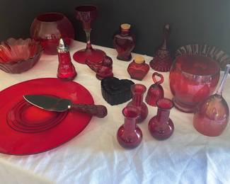 Red Glassware, 11 Plate, 3 Vases, Decorative Bowls, Bell And More