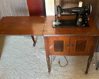Singer Sewing Machine Built Into Wooden Cabinet