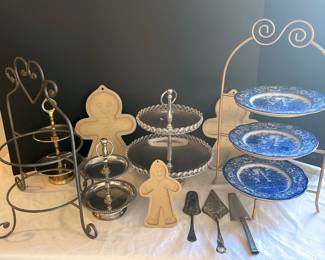 Vintage Tiered Stands Bakeware Set Blue Plates, Gingerbread Stone, Pie Servers