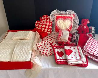 Vintage Valentine Heart Kitchen Lot Heart Oven Mitts, Lace Pillow, Towels, Red Plaid Linens, TY
