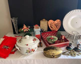CrossStitched Hand Towels, Floral Tureen, Brass Chestnut Roaster, Fenton Milk Glass Serving Plate
