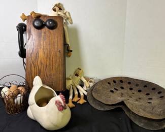 Vintage Farm House , Antique Wood Wall Phone, Metal Tractor Seats
