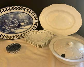 Sterling Colonial English Ironstone Serving Dish Platter, Glass Heart Plates,Winter Scene Platter
