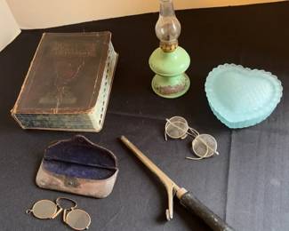 Vintage Spectacles, Metal Oil Lamp, Curling Iron, Dictionary