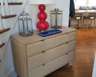 4-drawer Vanna 48" dresser by Made Goods; lanterns; table lamp