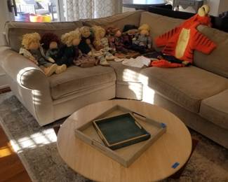 Pottery Barn L-shaped sectional couch - good condition - needs cleaning. Area rug. Coffee table; Trays, Little Souls dolls