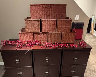 Wood file cabinets and storage baskets