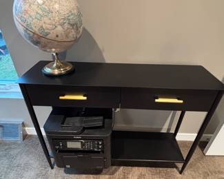 Console table, printer and tabletop world globe