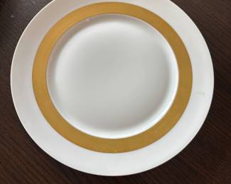Limoge 4 (5) piece place settings of Raynaud Ceralene Anneau d'Or, Thick Gold Band: Dinner Plate, salad. dessert, cup and saucer