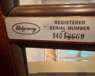 Manufacturer label for clock by Ridgeway