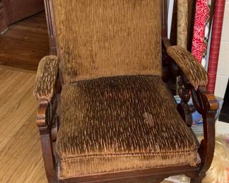 Antique Upholstered Armchair w/Carved Wood Accents!