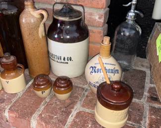 Antique Nordbaufen-Kornsnapps Stoneware Jug, Stoneware Pottery Brown Honey Pot, Stoneware Pottery Brown S&P Set, Stoneware Pottery Barn Oil & Vinegar Set, Vtg John Sexton & Co Chicago Illinois Crock, Antique Salt Glazed Stoneware Gin Bottle!