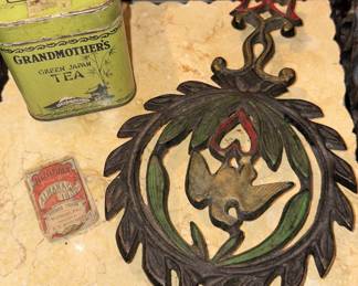 Cast Iron #266 Eagle on Heart Trivet, Hazeltine’s Pocket Book Almanac 1882, Grandmother’s Green Japan Tea Tin!

