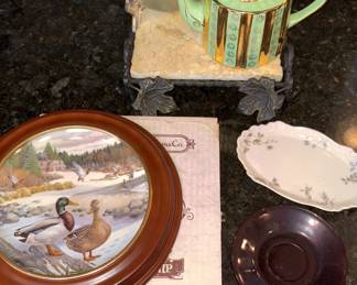 Edwin Knowles 1986 “The Mallard” Plate by Bart Jerner,  China O.P. Co Oval Plate, Rare Price Bros England Art Deco Green/Gold Teapot, Wendell August Forge “Amish Farm Scene” Pewter Plate!

