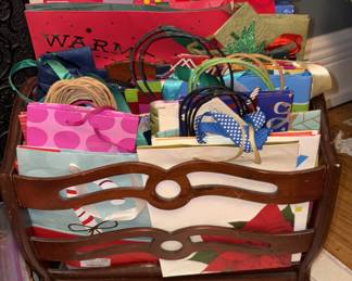 Vtg Wood Magazine Rack filled with Gift Bags!