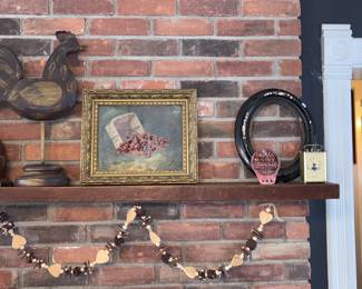 Hand Painted Folk Art Wooden Rooster, Strawberries In Basket In Gold Wooden Frame,  Marathon Logo Benchmark Quartz Clock Germany, Vtg Driggs Dairy"Protect The Children” Licence Plate Topper!



