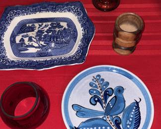 Willow Brown Steventon Burslem England Asian Platter, Mexican Tonala Blue Pottery Plate, Hand Turned Wood Chalice, EO Brody Co. Cleveland #M4200 Smoky Brown Compote, Corning Ware 6 Cup Cornflower Blue Teapot, Adlake Kero Ruby Globe for Railroad Lantern!