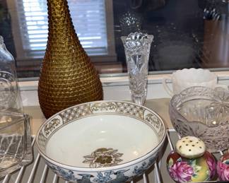 Vtg Japanese Gold Amari Bowl, Vtg Empoli Glass Amber Hobnail MCM Decanter, Vtg Hofbauer Byrdes German Crystal Bird Vase!
