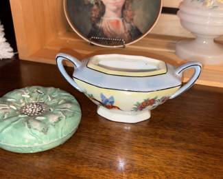 Rudolstadt Germany Hummingbird Sugar Bowl, Antique Asian Cherry Blossom Porcelain Powder Jar!
