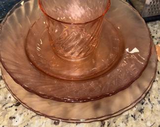 Vtg Anorac Pink Swirl Depression Glass 7 Pc Set!

