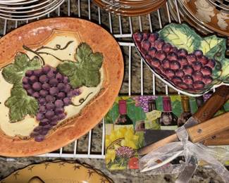 Clay Art Hand Painted Hand Painted Serving Dish Grapes, Chateau Glass Cheese Board W/Knives,