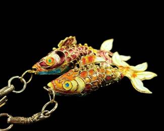 Two Cloisonne Articulated Fish Pendants