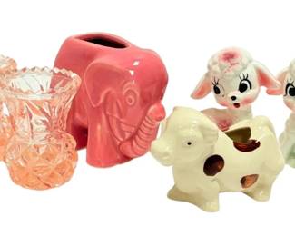 Pink Depression Tooth Pick Holders And More Small Ceramic Figurines