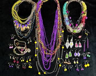 Yellow And Purple Beaded Necklaces, Bracelets, Earrings