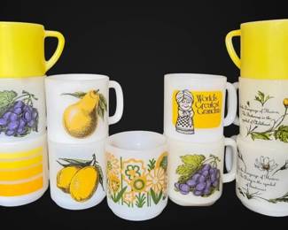 Vintage Yellow Purple Milk Glass Mugs