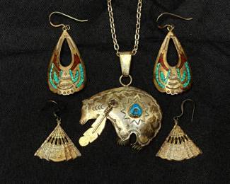 007 Native American Sterling Silver Jewelry with Turquoise Chip Inlay 49.46g