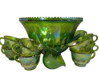 Green Carnival Glass Punch Bowl Set